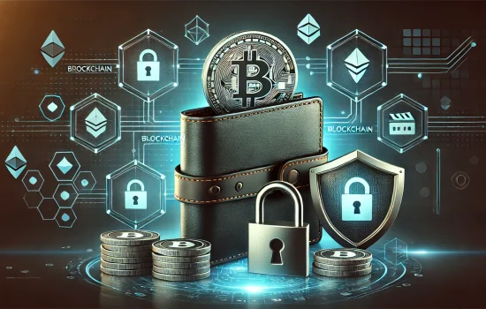 DALL·E 2024-09-06 02.07.06 - A secure cryptocurrency wallet with digital padlocks, blockchain symbols, and shield icons surrounding it, representing safe storage practices for cry